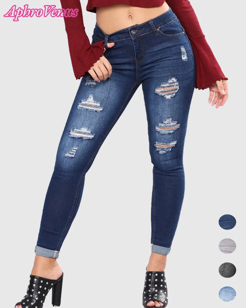 Jean Déchiré Taille Haute en Denim avec Poches et Trous, Pantalon Slim à Haute artificiel asticité, Jambes Droites, Décontracté, Streetwear