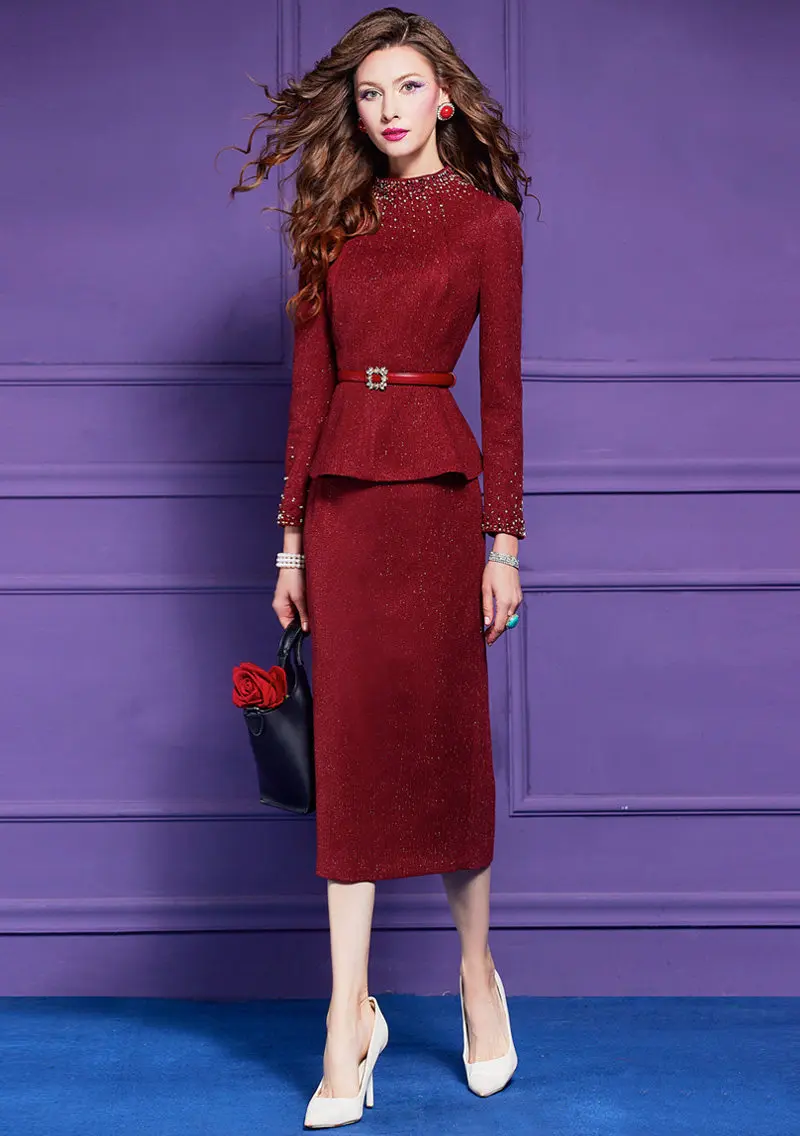 ZJYT Luxury Ladies Suit Skirt Set 2 Piece Festival Outfit Woman Rinestone Elegant Winter New In Matching Sets Dress Party Red