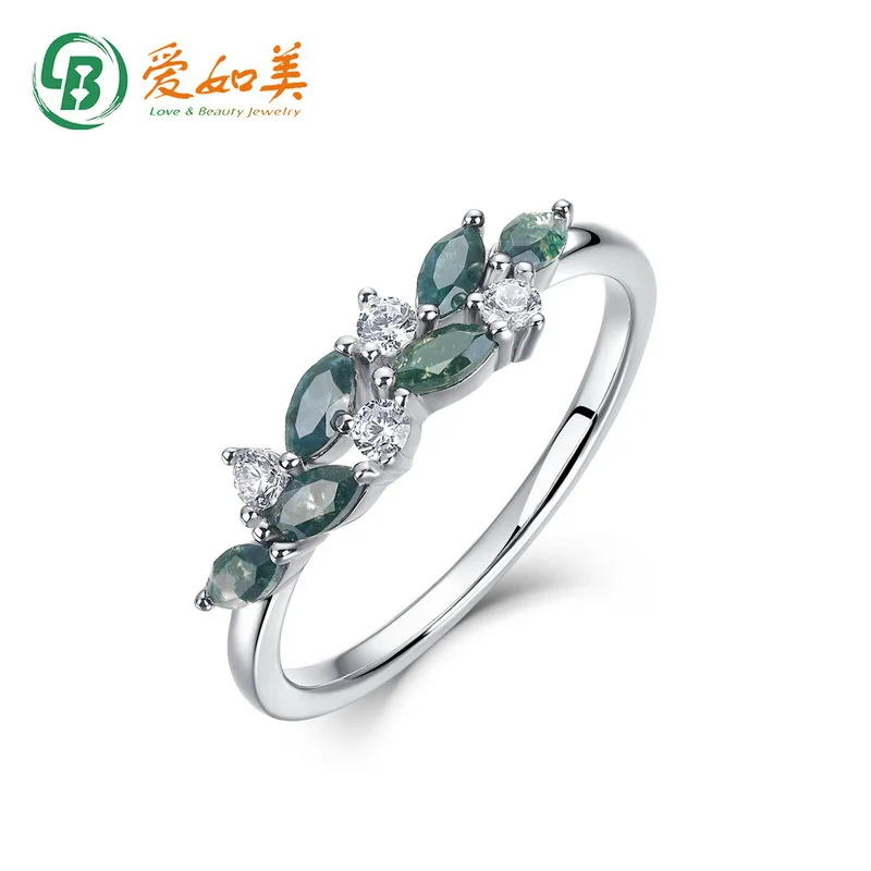 

Geometric Leaf Green Moss Stone Ring 18K Gold PT950 Platinum Silver Plated 7-Layer Gold Natural Water Grass Agate Finger Ring