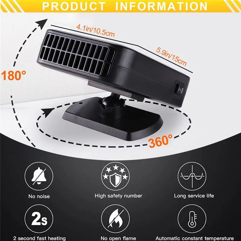 12V 200W Portable Car Heater Windshield Defogger Defroster With 360 Degree Rotary Base
