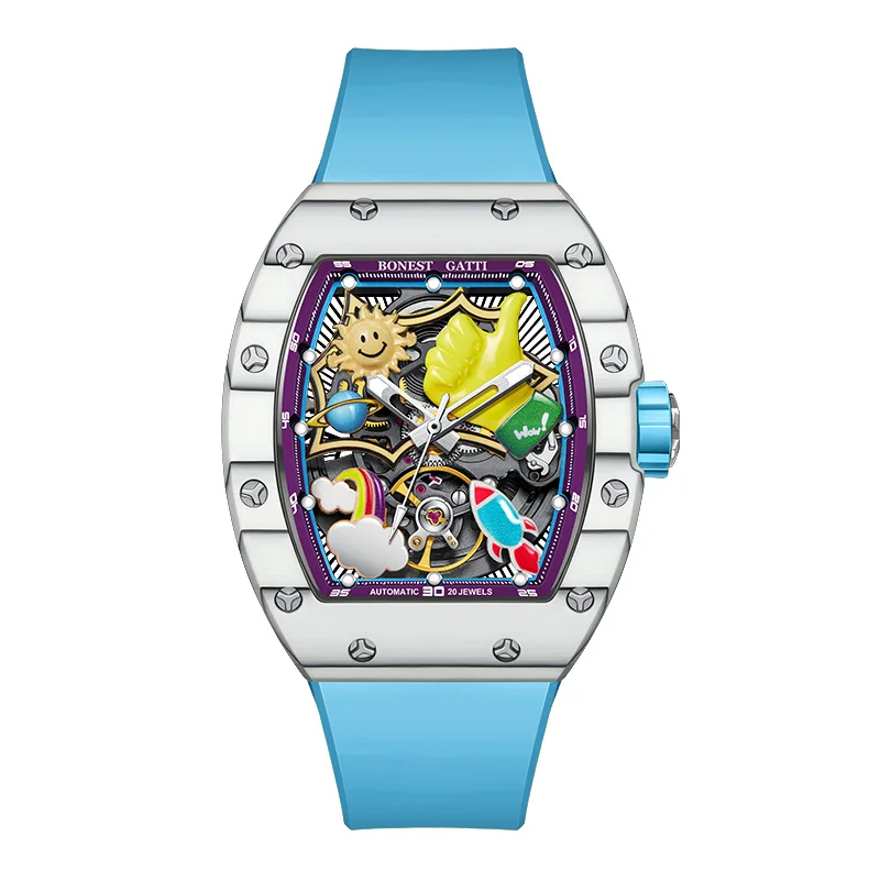BONEST GATTI Men Automatic Watch 52mm Tonneau Mechanical Wristwatch Carbon Fiber Bezel Sapphire Mirror Luminous 3D Cartoon Dial