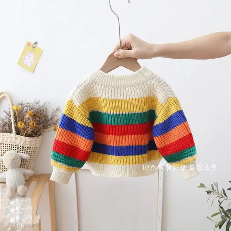 Children\'s Sweater Spring and Autumn 2023 New Boys Autumn Top Girls Baby Round Neck Korean Striped Sweater