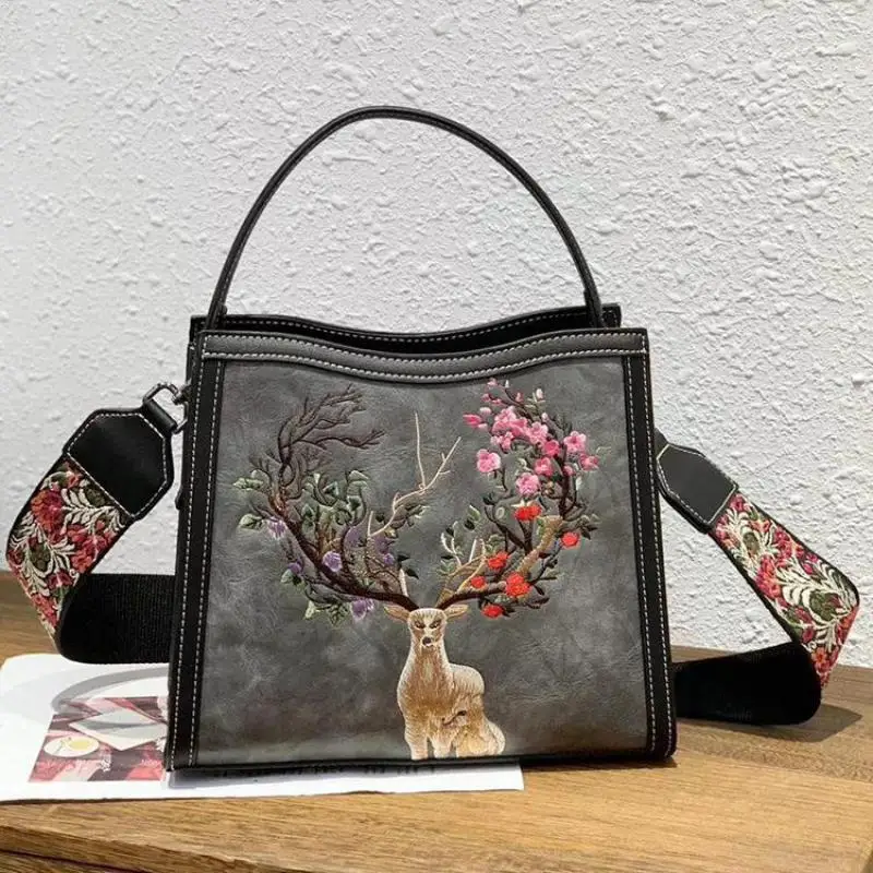 Johnature Women Bag 2024 New Chinese Style Embroidery Handbag Large Capacity Handmade Retro Leather  Shoulder & Crossbody Bags