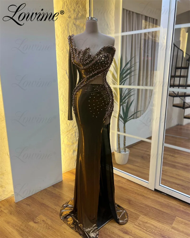 

Brown Leather One Shoulder Party Dress Mermaid Prom Dresses 2025 Beading Party Second Reception Birthday Engagement Gowns Women