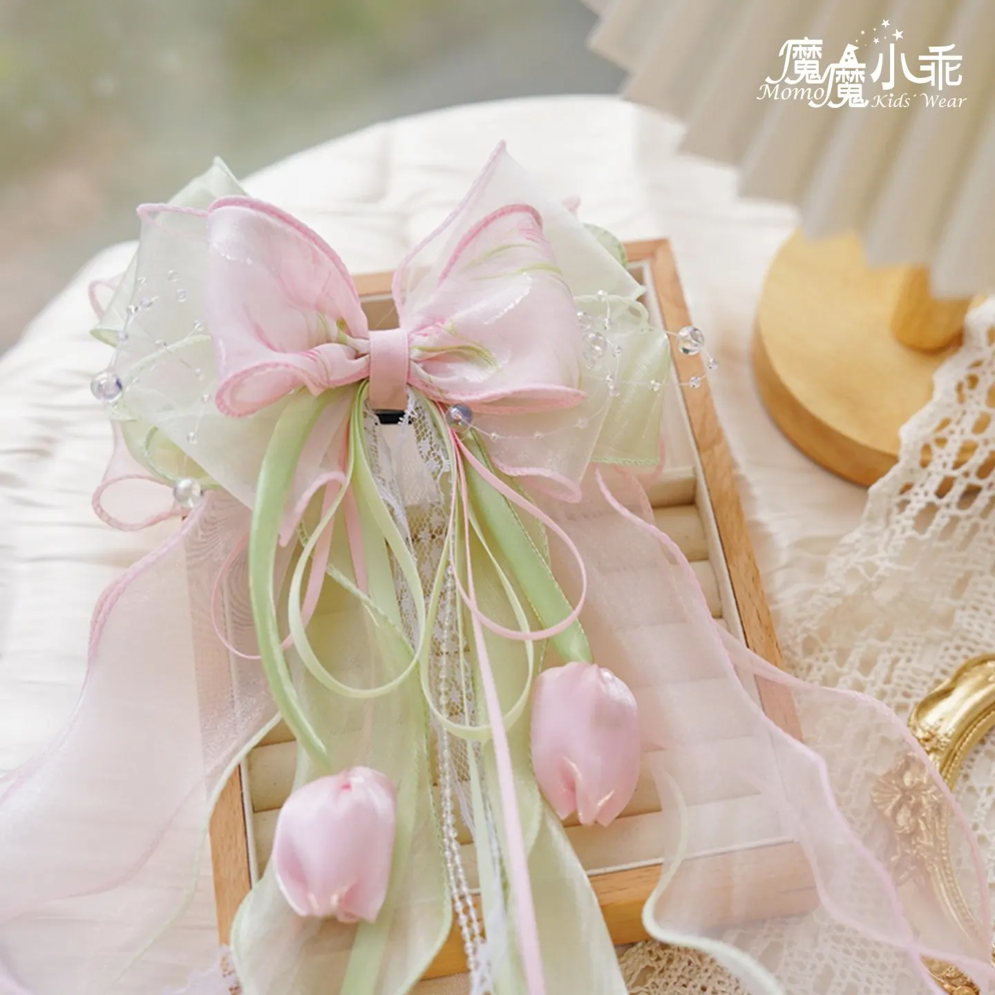 

Girls' Pink-Green Tulip Bow Hair Clip Original Chinese-Style Fairy Accessory Ancient Costume Long Ribbon Hair Ornament