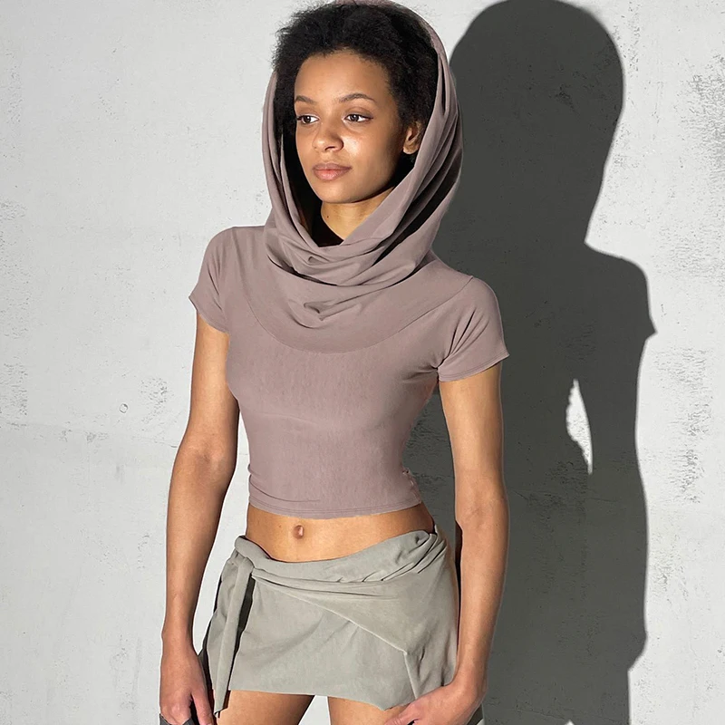 BIIKPIIK Hooded Slash Neck Solid Crop Tops For Women Casual Half Sleeve T-shirts Concise Basic Female Tees Grunge Trend Outfits