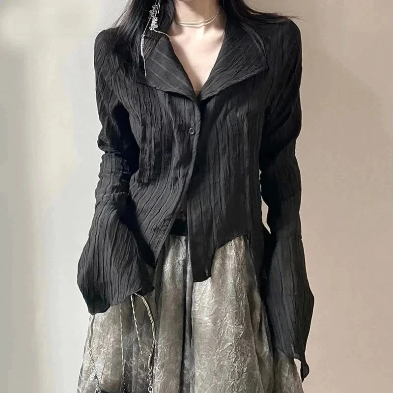 

Women's Asymmetrical Black Shirt: Vintage Hong Kong Style Layering Top, Designer Long Sleeve Oversized Blouse for Autumn.