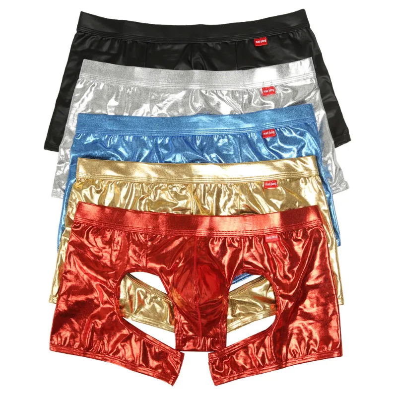 Sexy Mens Underwear Faux Leather Boxers For Man Bandage Leg Boxershorts Bulge Pouch Male Trunks Panties Hollow Out Boxer Shorts