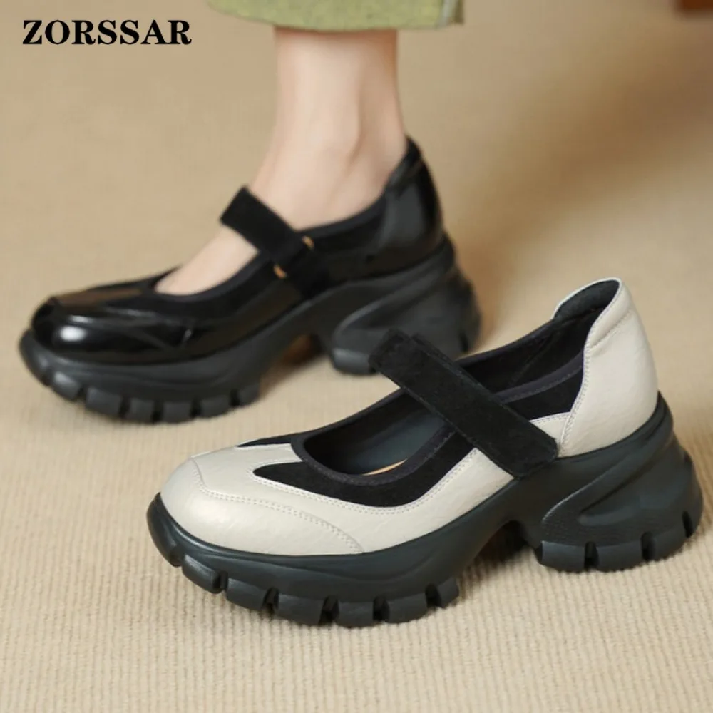 

Womens Two Tone Leather Mary Jane Platform Shoes Round Toe Thick Sole Chunky Heel Hook and Loop Strap Retro Fashion Dress Shoes