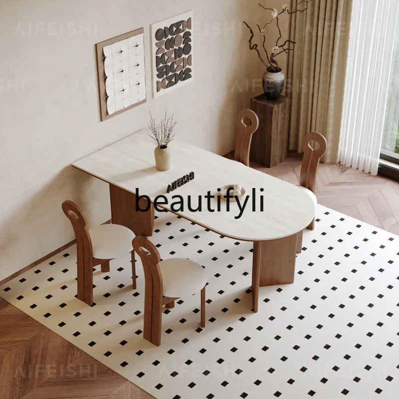 

z1xRock slab travertine French solid wood dining table Modern small household semi-circular rectangular high-end dining table