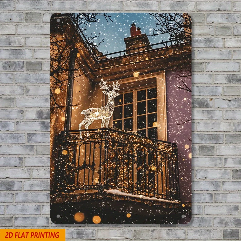 Vintage Christmas Reindeer Metal Tin Sign - Festive Wall Art with Illuminated Balcony Scene, , Perfect for Home, Bars, Cafes,