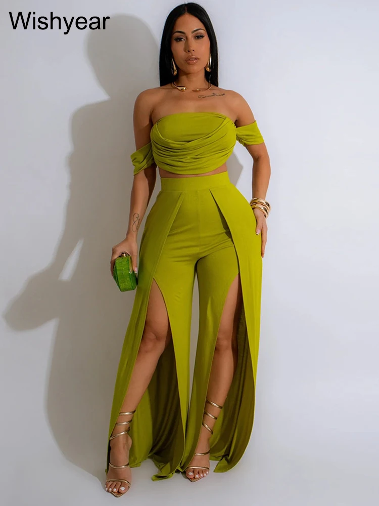 New Sexy Strapless Crop Tops and High Split Wide Leg Pants Green Two 2 Pieces Women Birthday Outfit Matching Set Night Clubwear