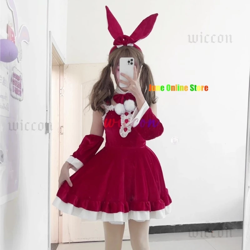 Sweet Lolita Bunny Girl Halloween Christmas Cosplay Costume Japanese Anime Pink Maid Lingerie Soft Velvet Rabbit Roleplay Outfit