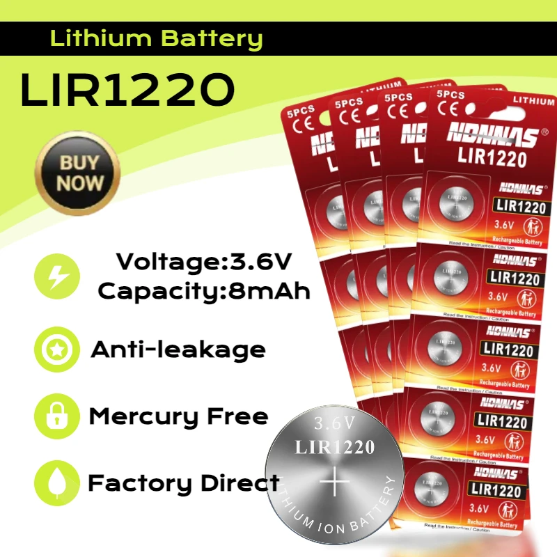 

LIR1220 3.6V Lithium Rechargeable Battery Replace CR1220 BR1220 LM1220 DL1220 For Watch Remote Control Camera Clocks