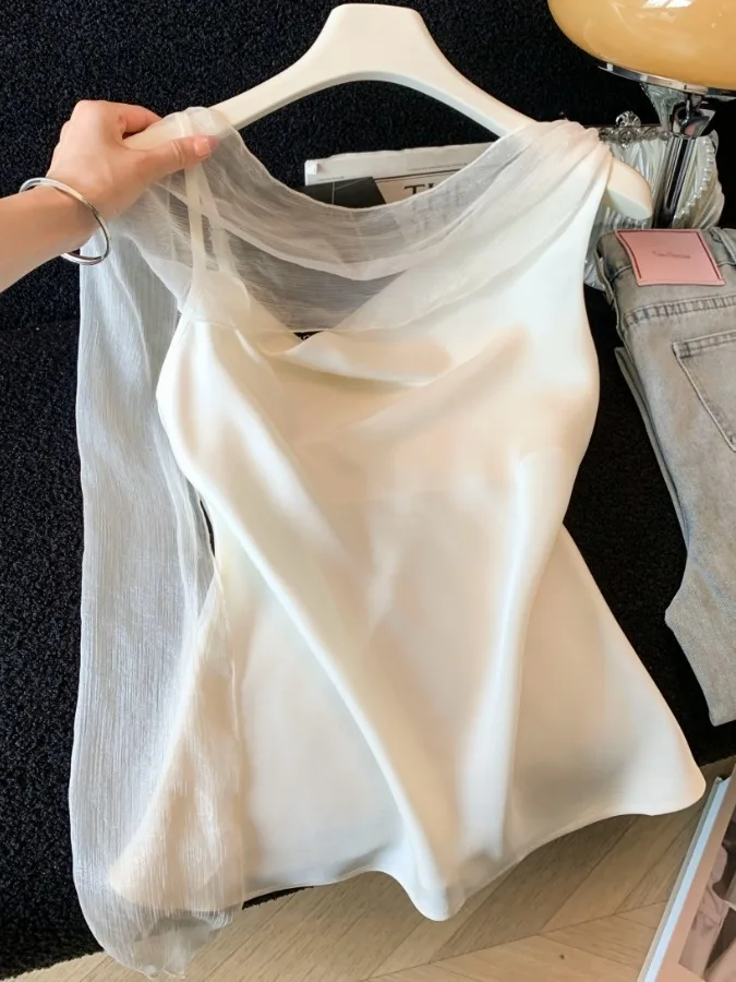 

Pure Desire Elegant Satin Halter Neck Mesh Sash Women's Summer Top Short Sleeve Original Design Fashionable Gentle Style