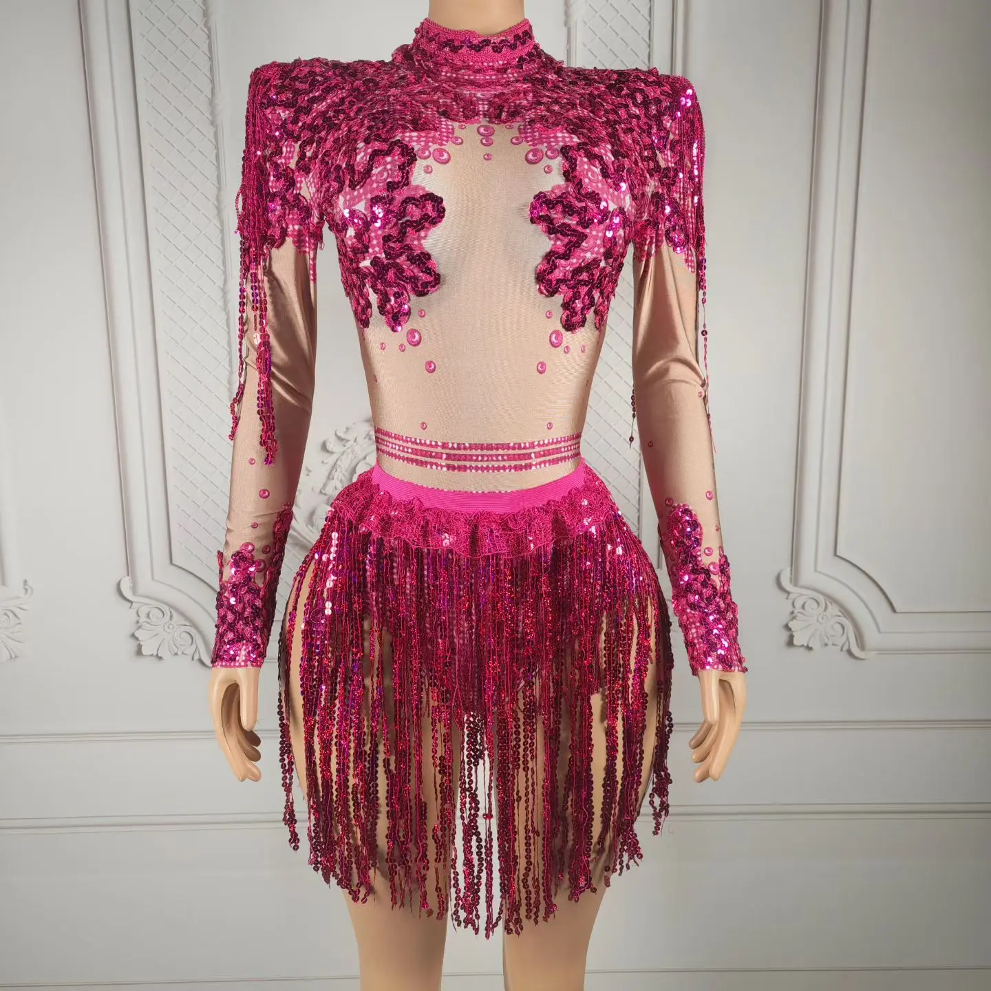 

Nainiang Fashion Women Long Sleeved Jumpsuit Shiny Rose Red Sequined Tassel Skirt Sexy Bar Stage Performance Outfit Party Dress
