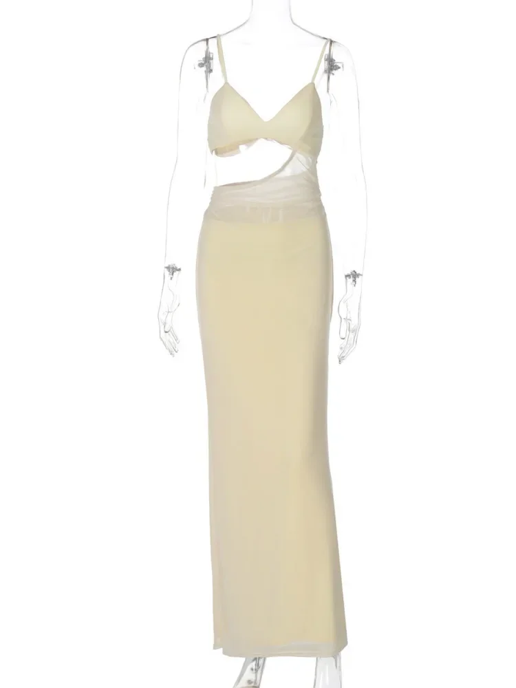 Sexy Spaghetti Strap Hollow Out Maxi Dress For Women Fashion Sleeveless Backless Solid Patchwork Sexy Club Party Dress