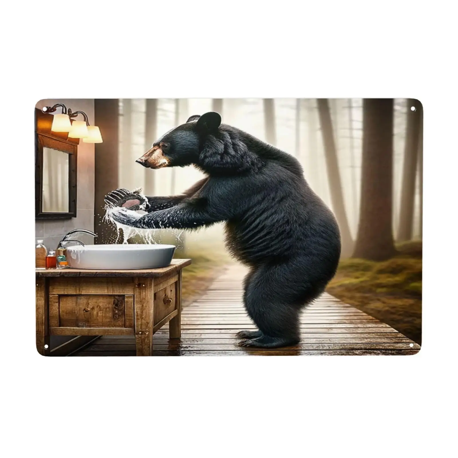 Rustic Black Bear Handwashing Humor Metal Tin Sign Vintage-Inspired Wall Art Cabin Decor for Bathroom & Kitchen Unique Wildl