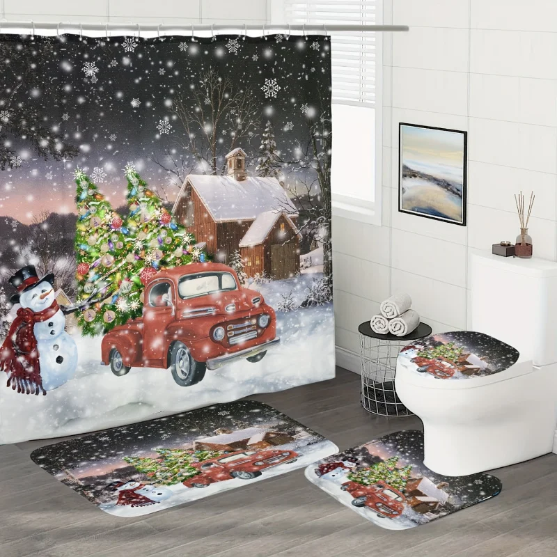 1pc Christmas tree car snowman, waterproof shower curtain, bathroom rug, U-shape mat, toilet lid