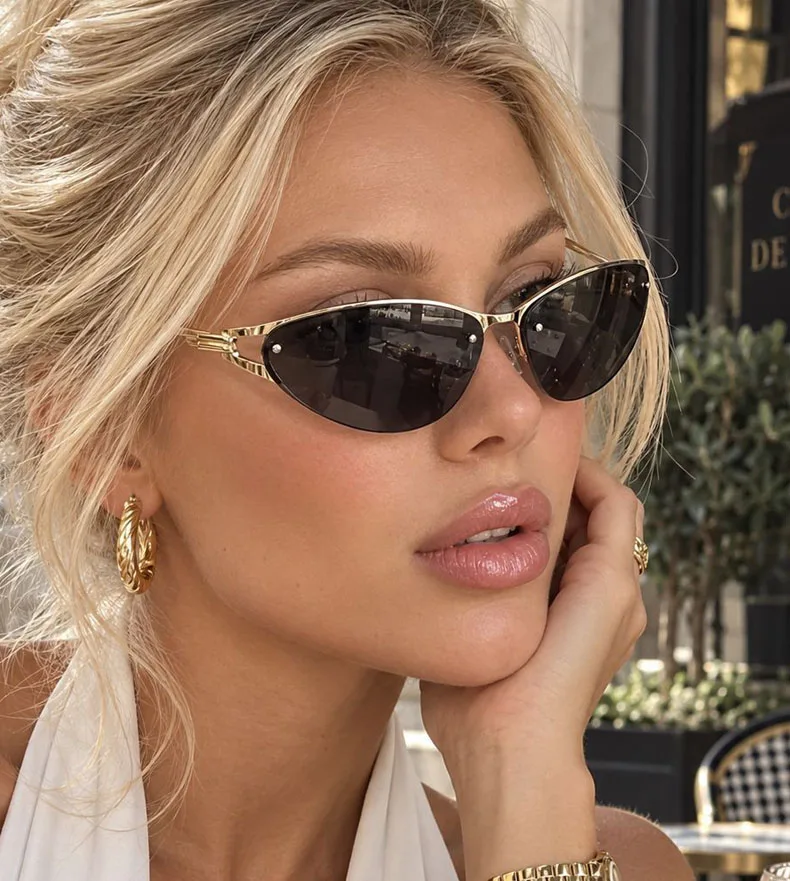 SHAUNA Neue Y2K Metall-Halbrahmen-Cat-Eye-Sonnenbrille für Damen, beliebte Herren-Gradienten-Werbebrille, UV400 – Detail 2