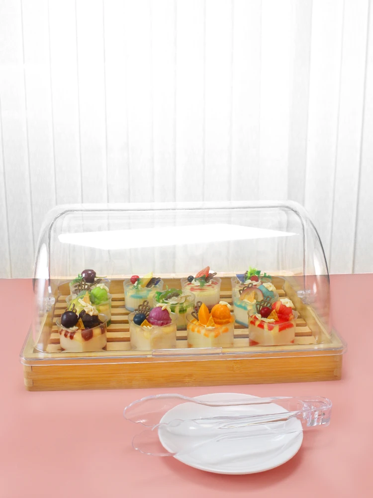 Long Rectangle Bamboo Wood Dessert Display Tray European Style for Baking Shop Cake Shop Sweet Snack Serving Tray with Lid