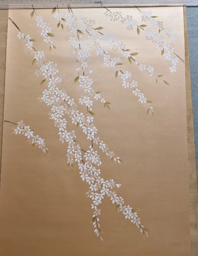 Costomized Chinoiserie Hand-Painted flowers branches dupioni Silk Wallpapers for Bedroom/Living/study/Dinning Room/Sofa/TV wall