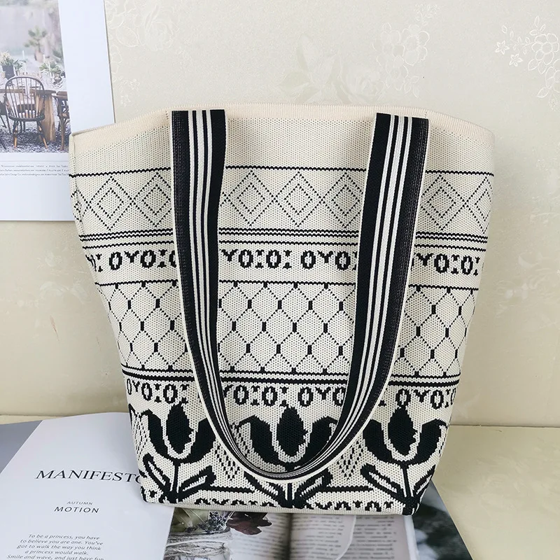 Fashion Design Tote Bag Tkanina Średnie przenośne torby Geometryczna dzianinowa damska modna podróżna torba na ramię o dużej pojemności