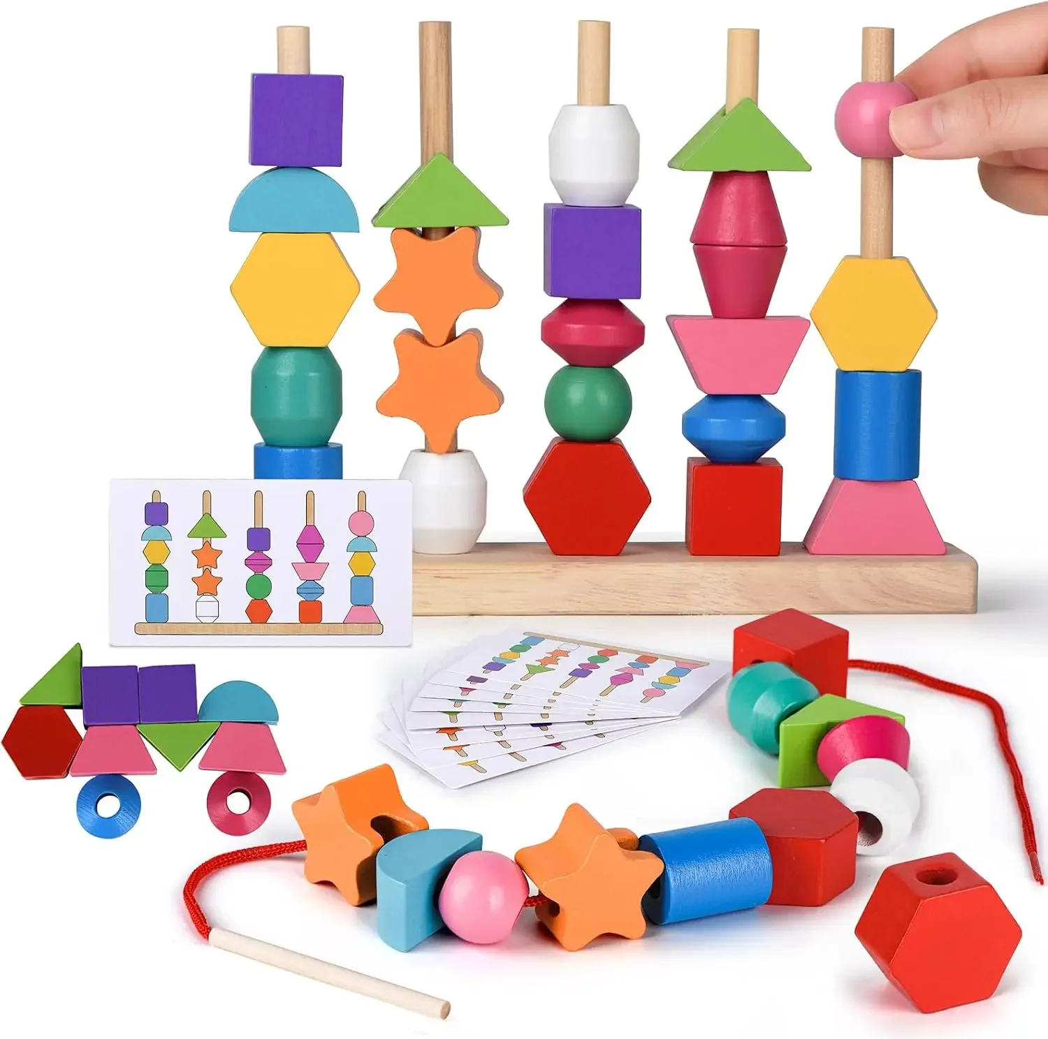 

Montessori Bead Sequencing Toy Set, Wooden Stacking Blocks & Lacing Beads & Matching Shape Colors Stacker, Montessori Toys for 2