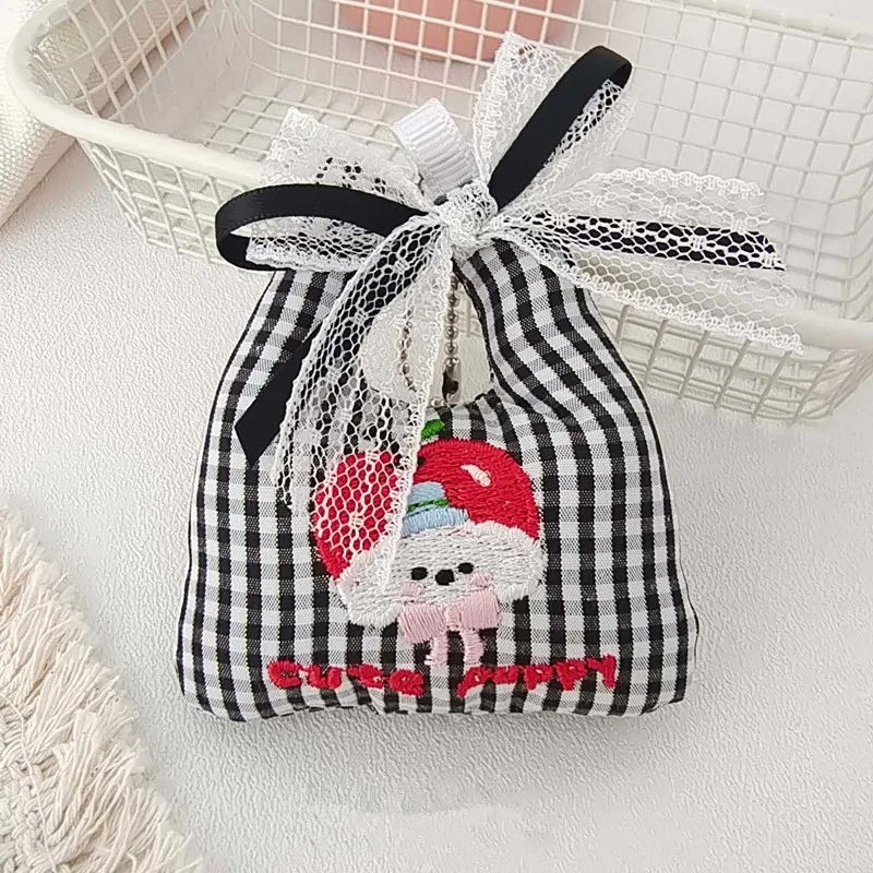 Cute Plaid Cartoon Embroidered Keychain Pendant, Mini Handbag-Shaped Drawstring Bag Charm, Cute Animal and Plant Pattern Lace Bow Keychain, Portable Small Storage Coin Purse Keychain, Women's Gift