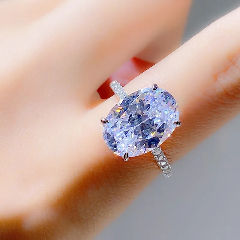 خاتم ألماس من الفضة الإسترليني عيار 925 بيضاوي 4 قيراط للنساء - خواتم مجوهرات الزفاف المتلألئة والخطوبة وحجر كبير