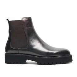 British Style High Top Men's Chelsea Boots Increase Height Classic Luxury Genuine Leather Elastic Band Men Autumn Winter Shoes