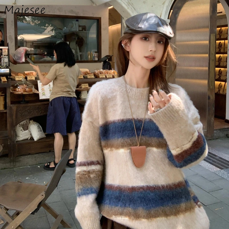 Pullovers Women Striped O-neck Thickened Knitted Soft All-match Autumn Winter Sweaters Ins Korean Fashion Gentle Stylish Chic