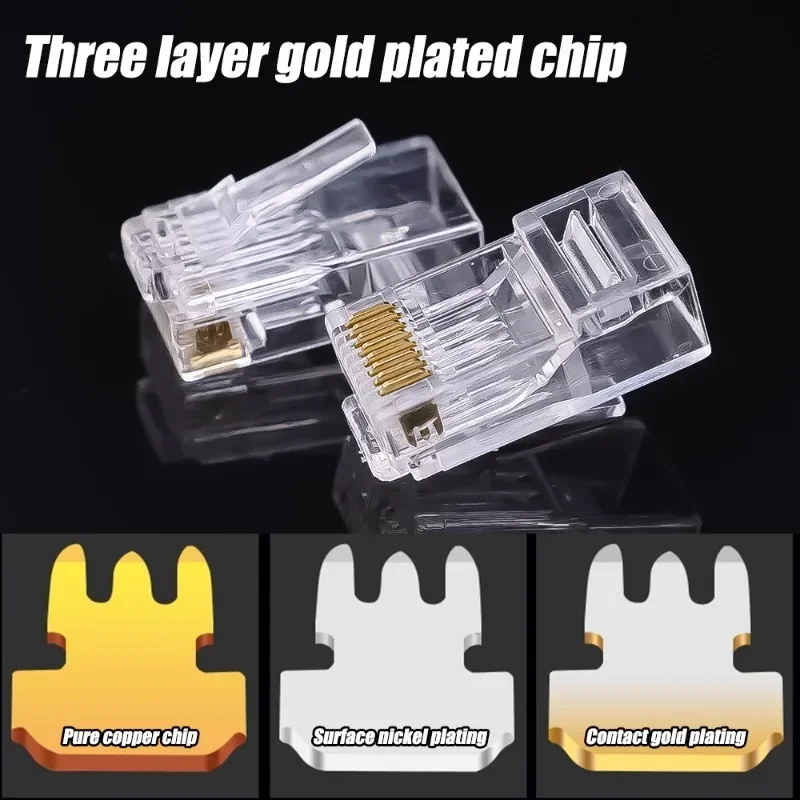 RJ45 Cat6 Pass Through Connectors Crystal End Gold-Plated 8P8C Crimp UTP Standard Ethernet Network Modular Plug for Solid