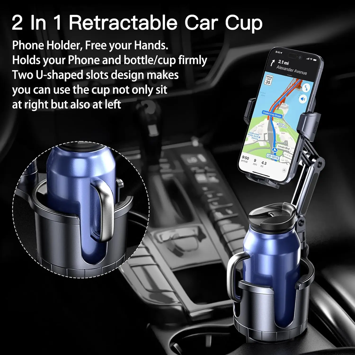 Car Cup Holder Phone Mount, 2 in 1 Cup Holder Cell Phone Holder with Expander Adjustable Base for Car,360°Rotation Phone Mount