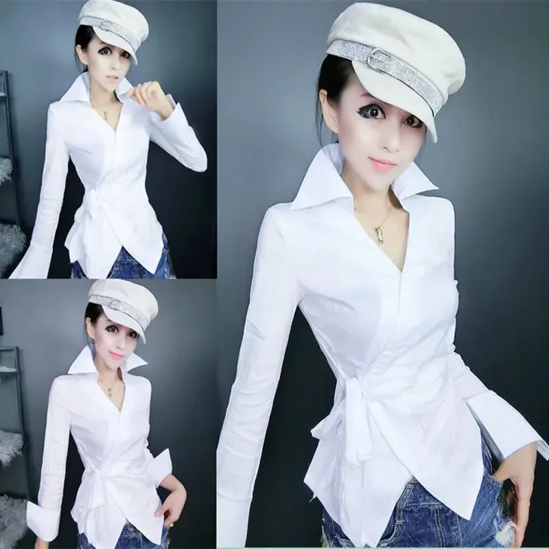 Luxury Slim Long-sleeved Shirt Women White Blouse Korean Fashion Top Lace-up Chic New Black Jacket Office Ladies