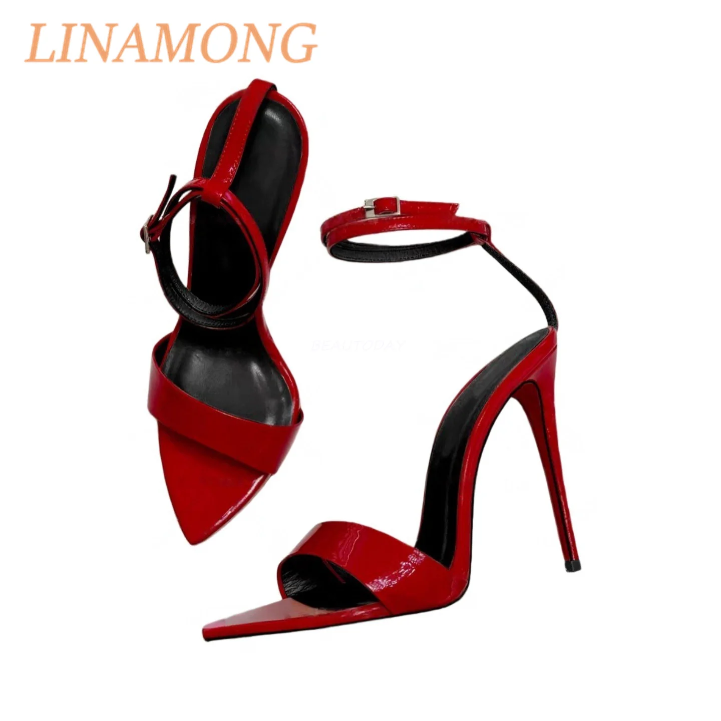 

Red Straight Strap Sandals Fashionable Minimalist Style Pointed Toe Exposed Ankle Buckle Temperament Stiletto Heel Sandals