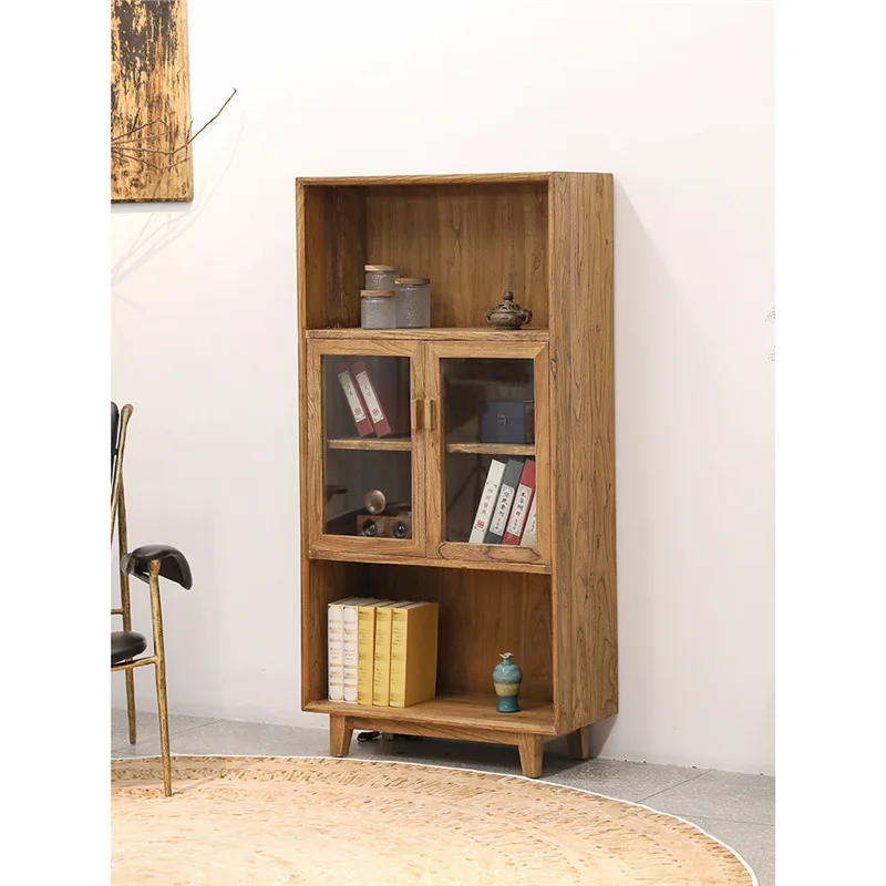 Old Elm Wabi Wind Display Cabinet with Light Glass Cabinet Solid Wood Bookshelf Display Cabinet Display Shelf Bookcase