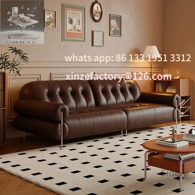 

Customizable French retro style oil wax skin brown sugar sofa living room small apartment medium ancient style brown high foot s