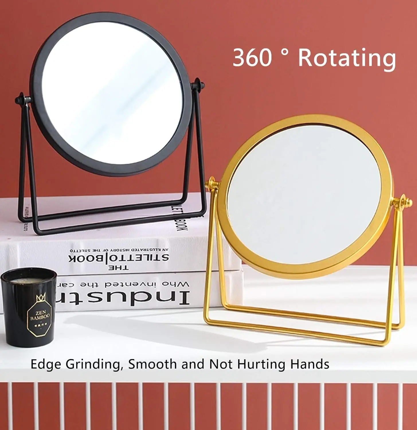 Iron Tabletop Makeup Mirror, Round Swivel Desktop Stand Mirror, 360°Rotation One-Sided Dressing Table Mirror