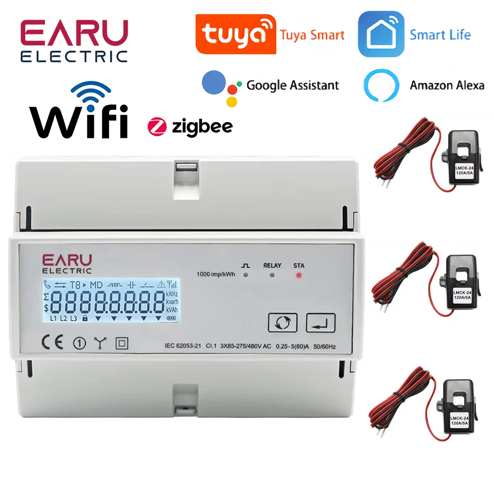 Tuya WiFi ZigBee Three Phase Bidirectional Energy Meter KWh Monitor 3*110/190V or 230/400VAC With 3pcs Split Type Transformer CT