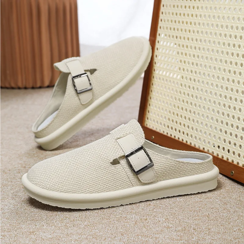 2025 الرجال الكتان المغطاة تو الشرائح الصيف تنفس داخلي شباشب لخارج المنزل حجم كبير الراحة مكتب تخفيف الأحذية غير رسمية #2