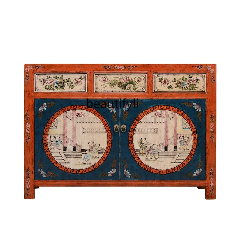 

New Chinese Style Antique Reproduction Furniture Hand Painted Solid Wood Sideboard Locker Painted Lacquer Entrance Cabinet