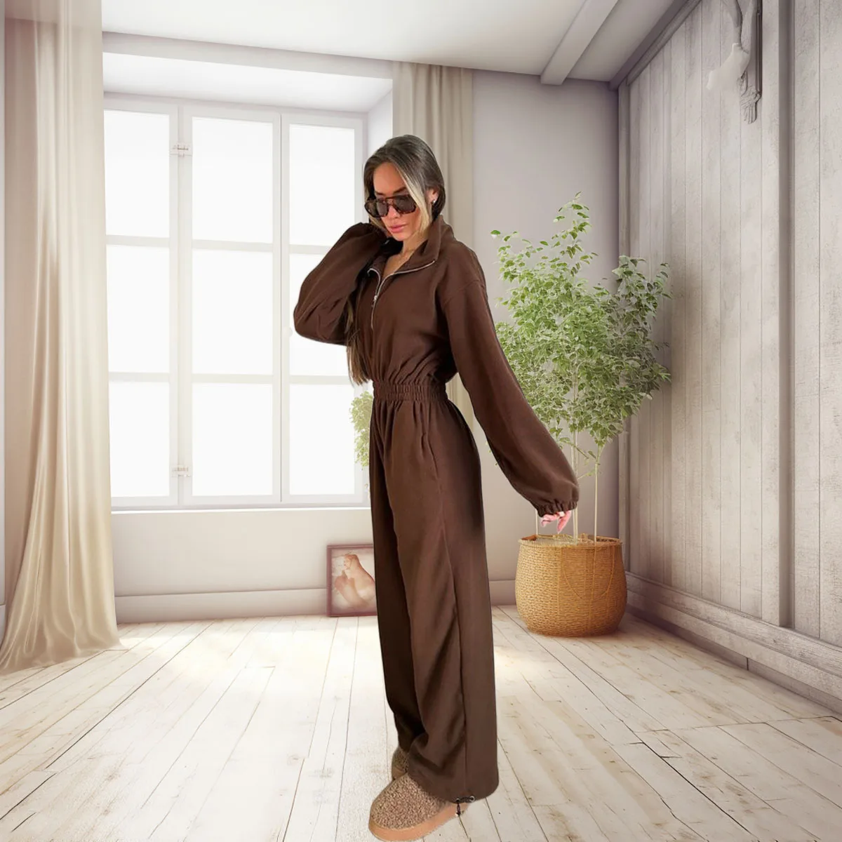 여성용 패셔너블하고 캐주얼한 롱 점프수트, 지퍼 팬츠로 봄, 가을, 겨울에 편안하게 착용 가능