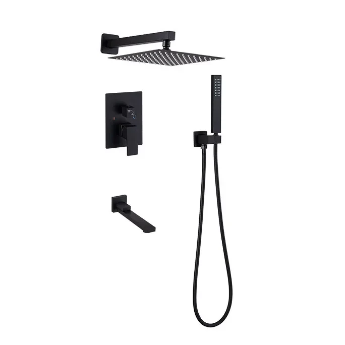 In-wall black multi-function concealed shower bath faucet waterfall rainfall shower sets