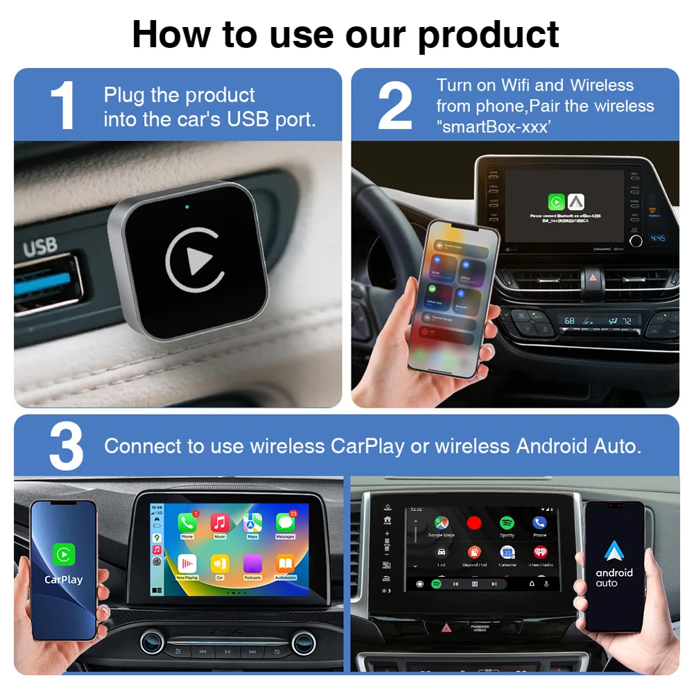 صندوق/محول Carplay Auto اللاسلكي الذي يعمل بنظام Android، دونجل USB ذكي يتحول إلى توصيل تلقائي لاسلكي لسيارات CarPlay السلكية في المصنع