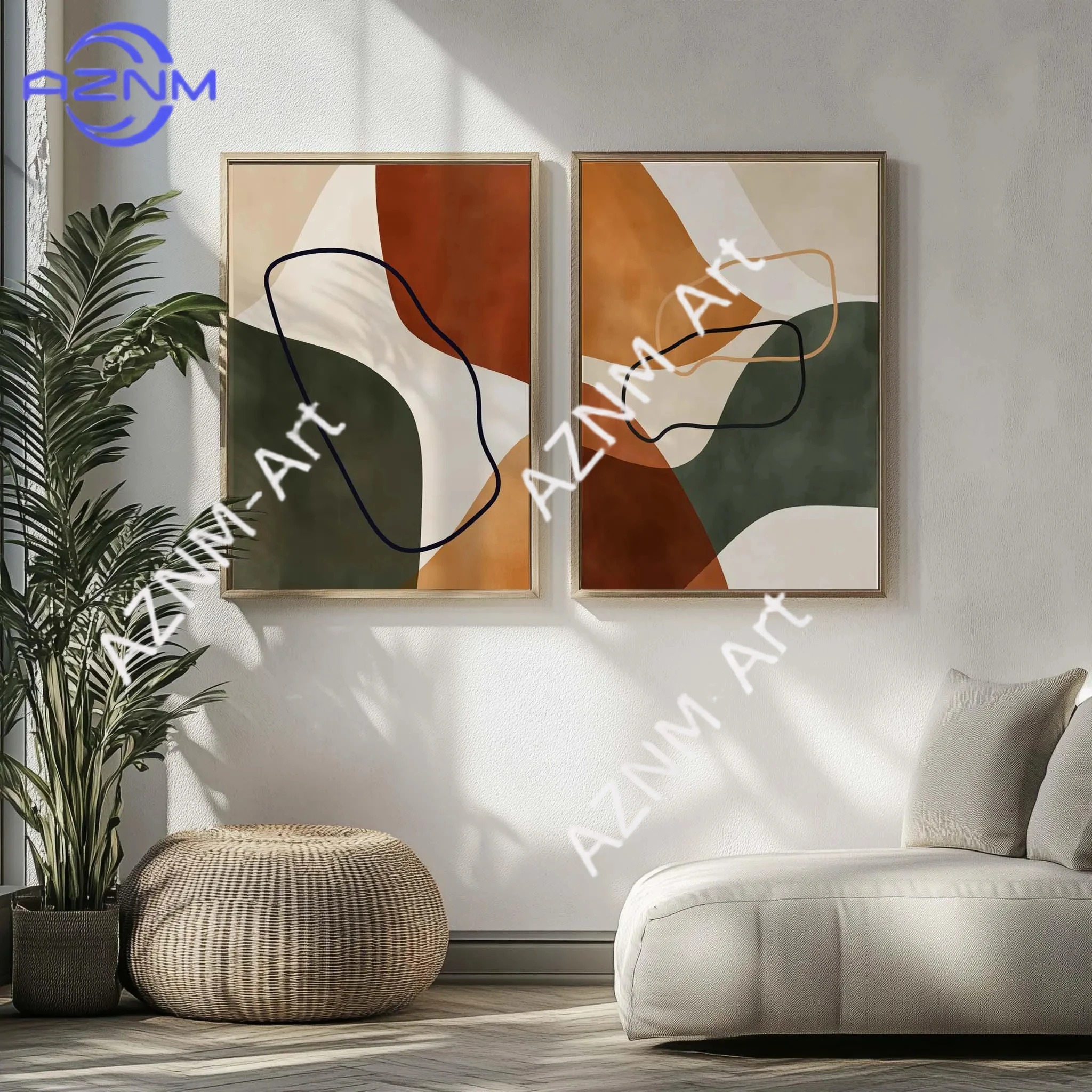 1/2Pcs Mid-Century Modern Wall Art Set Abstract Terracotta Beige Green Minimalist Geometric Prints for Home Decor
