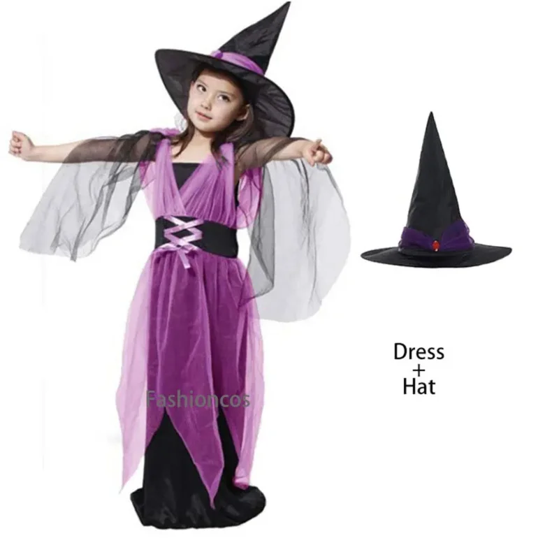Детский костюм ведьмы на Хэллоуин для девочек, карнавальное платье для косплея с остроконечной шляпой, детская одежда, костюмы на Хэллоуин для младенцев
