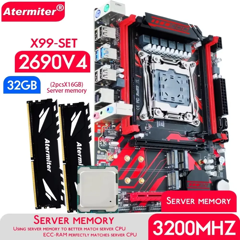 Atermiter X99 D4 Motherboard Set with Xeon E5 2690 V4 LGA2011-3 CPU 2690v4 2pcsX16GB = 32GB 3200MHz DDR4 REG ECC RAM Memory WIFI