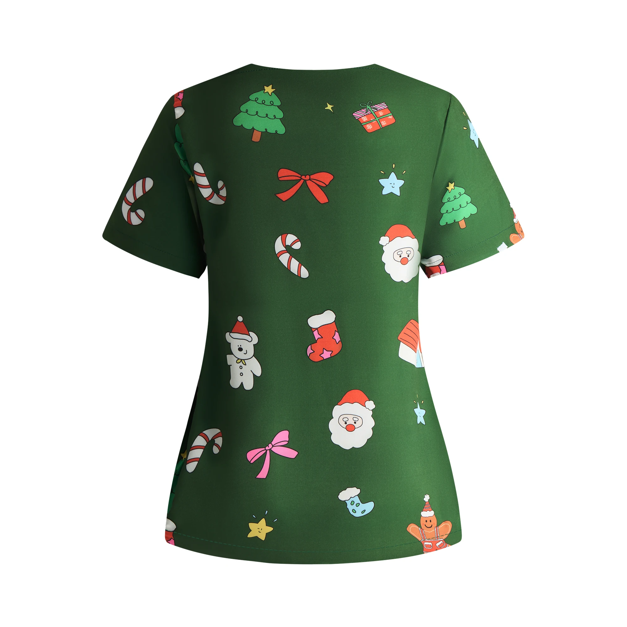 【Christmas】Women Scrub Top Clothes Holiday Green Santa Claus Bear Gingerbread Man Print Nurse Surgical Cartoon Uniform
