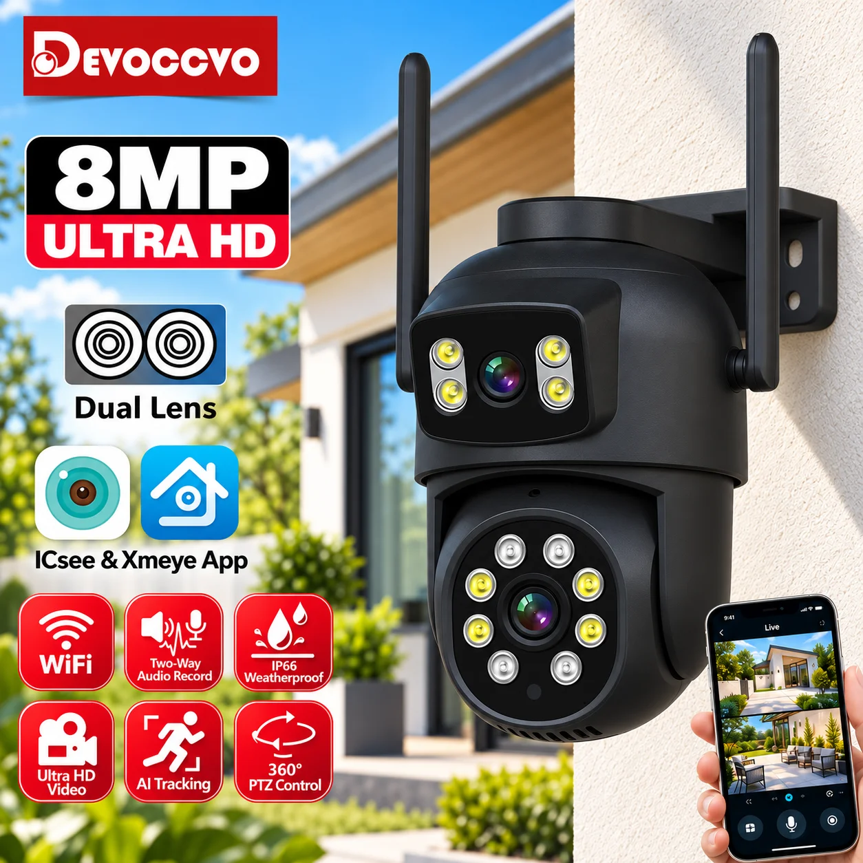 4K 8MP PTZ WiFi Camera Dual Lens Dual Screen Outdoor Security Protection Auto Tracking P2P CCTV Surveillance IP Camera iCSee